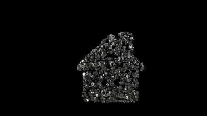 3d rendering mechanical parts in shape of symbol of house isolated on black background