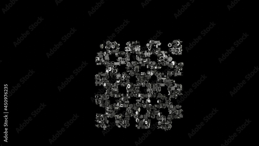 Poster 3d rendering mechanical parts in shape of symbol of chess board isolated on black background