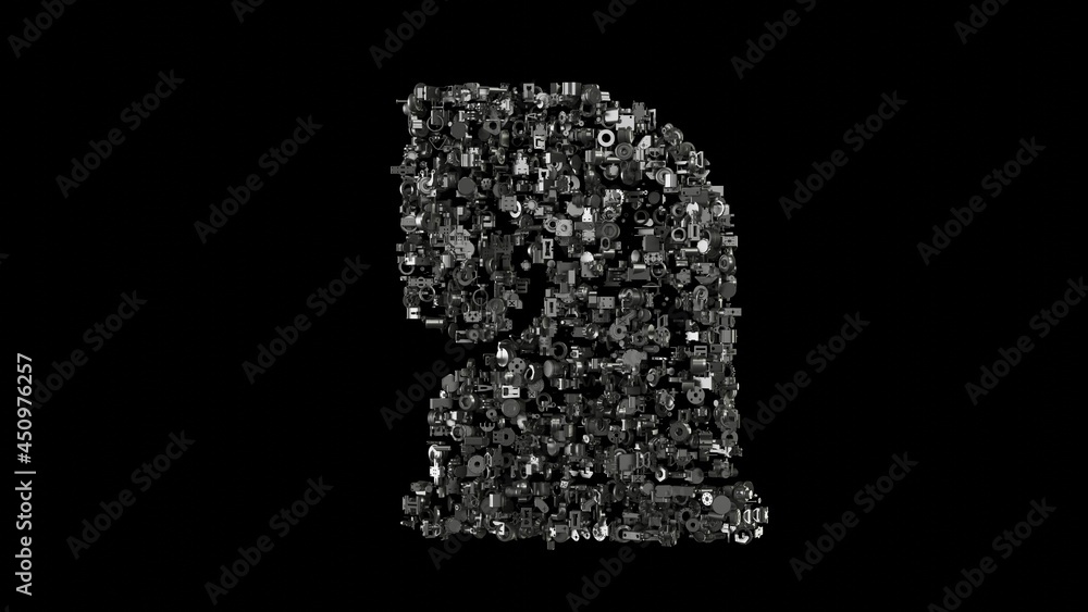 Poster 3d rendering mechanical parts in shape of symbol of chess knight isolated on black background