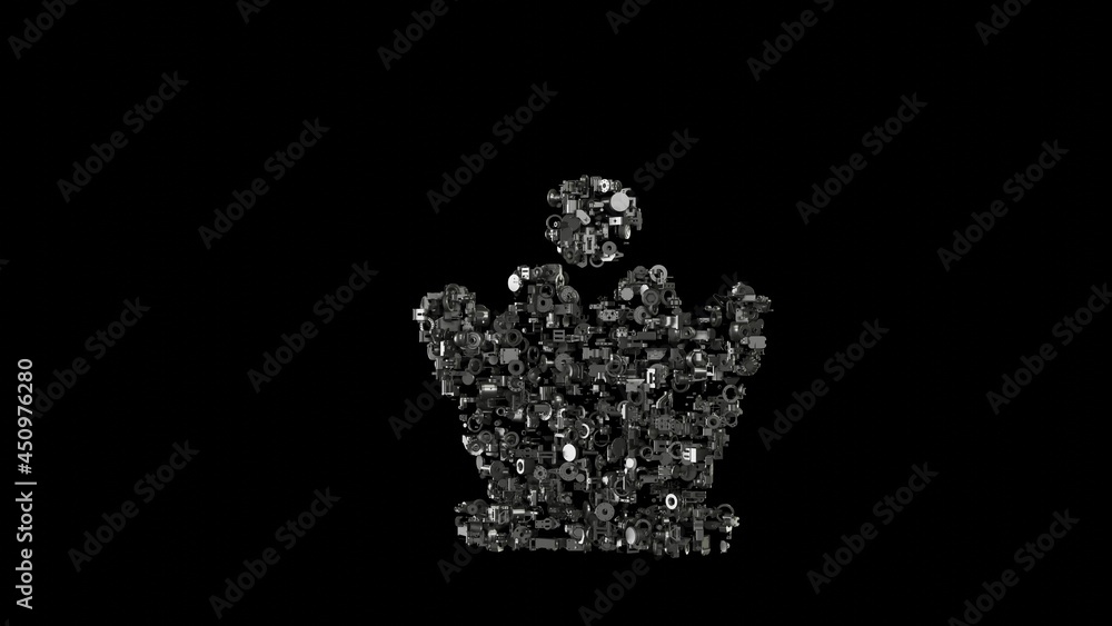 Poster 3d rendering mechanical parts in shape of symbol of chess queen isolated on black background