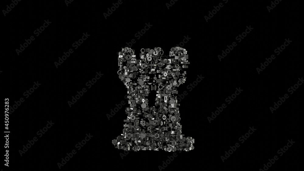 Poster 3d rendering mechanical parts in shape of symbol of chess rook isolated on black background