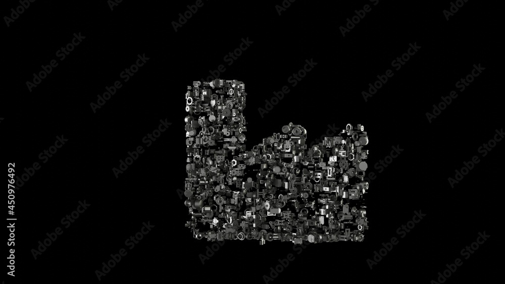 Poster 3d rendering mechanical parts in shape of symbol of industry isolated on black background