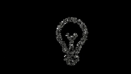 3d rendering mechanical parts in shape of symbol of idea isolated on black background