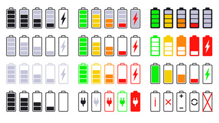 Battery level icons set. Phone charging status. Vector illustration.
