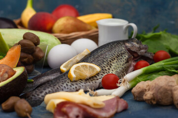 Ketogenic low carbs diet - food selection good for heart and blood vessels. Balanced healthy organic nutrition with meat, fish and vegetables.