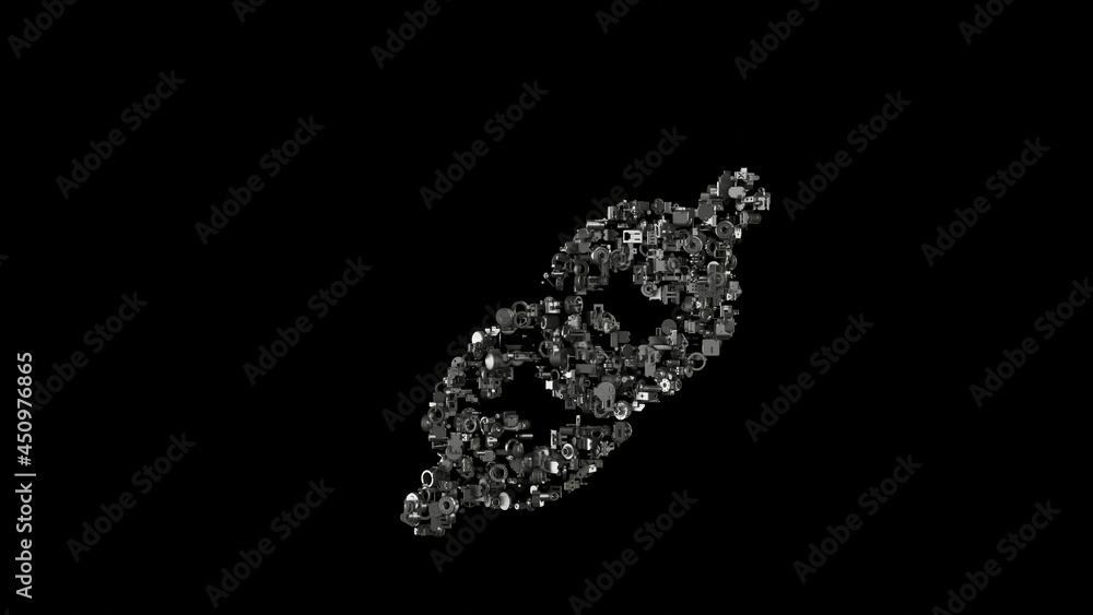 Poster 3d rendering mechanical parts in shape of symbol of link isolated on black background