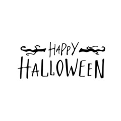 Happy Halloween, black letters with twisted tree branches on the white background.  Vector illustration. Hand digital lettering for a banner, poster, greeting card, and invitation.Halloween.