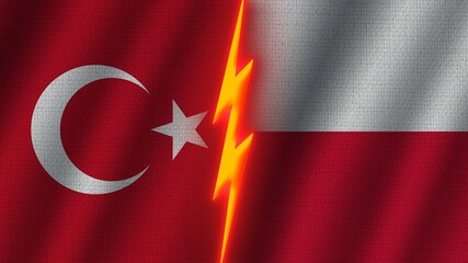 Poland and Turkey Flags Together, Wavy Fabric Texture Effect, Neon Glow Effect, Shining Thunder Icon, Crisis Concept, 3D Illustration