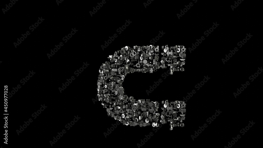 Poster 3d rendering mechanical parts in shape of symbol of magnet isolated on black background