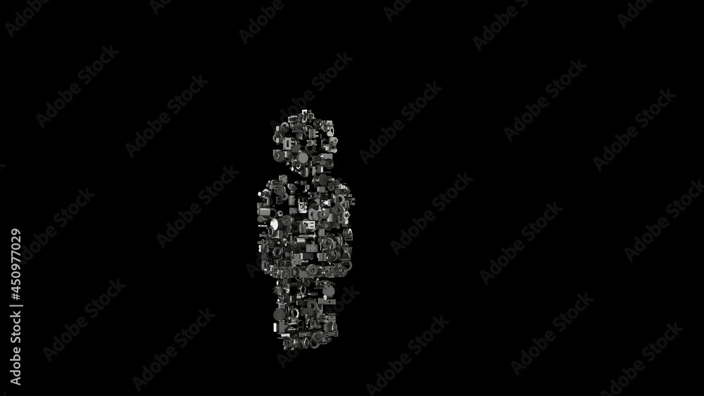 Poster 3d rendering mechanical parts in shape of symbol of male isolated on black background