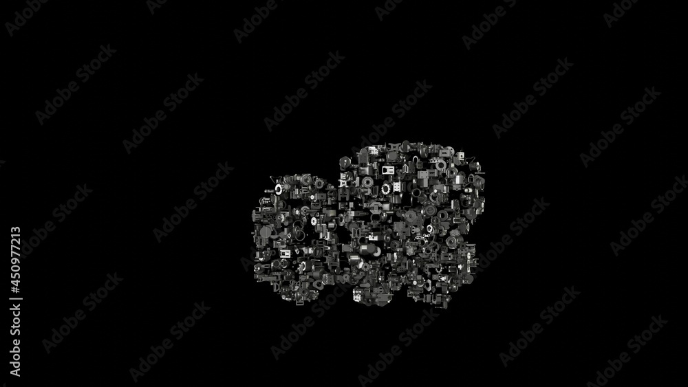 Poster 3d rendering mechanical parts in shape of symbol of mixer isolated on black background