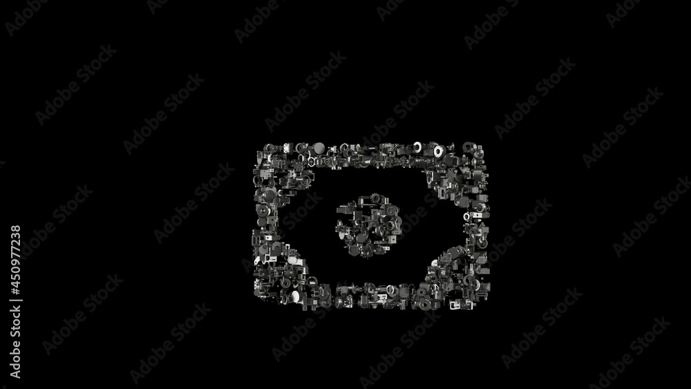 Poster 3d rendering mechanical parts in shape of symbol of money isolated on black background