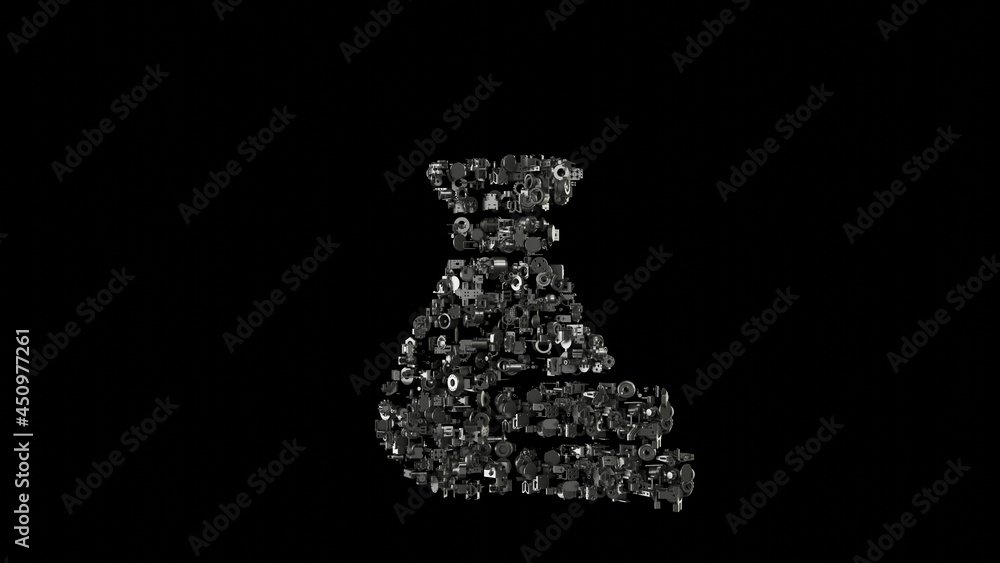 Poster 3d rendering mechanical parts in shape of symbol of money bag isolated on black background