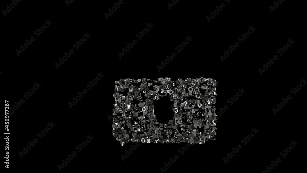 Poster 3d rendering mechanical parts in shape of symbol of money bill isolated on black background