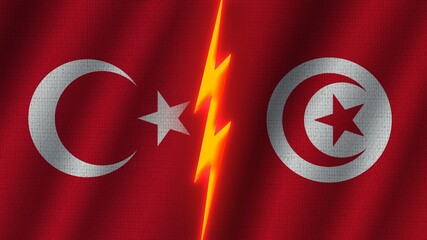 Tunisia and Turkey Flags Together, Wavy Fabric Texture Effect, Neon Glow Effect, Shining Thunder Icon, Crisis Concept, 3D Illustration