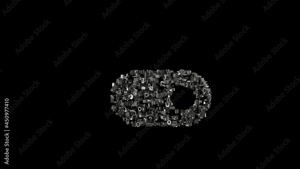 Poster 3d rendering mechanical parts in shape of symbol of multimedia isolated on black background