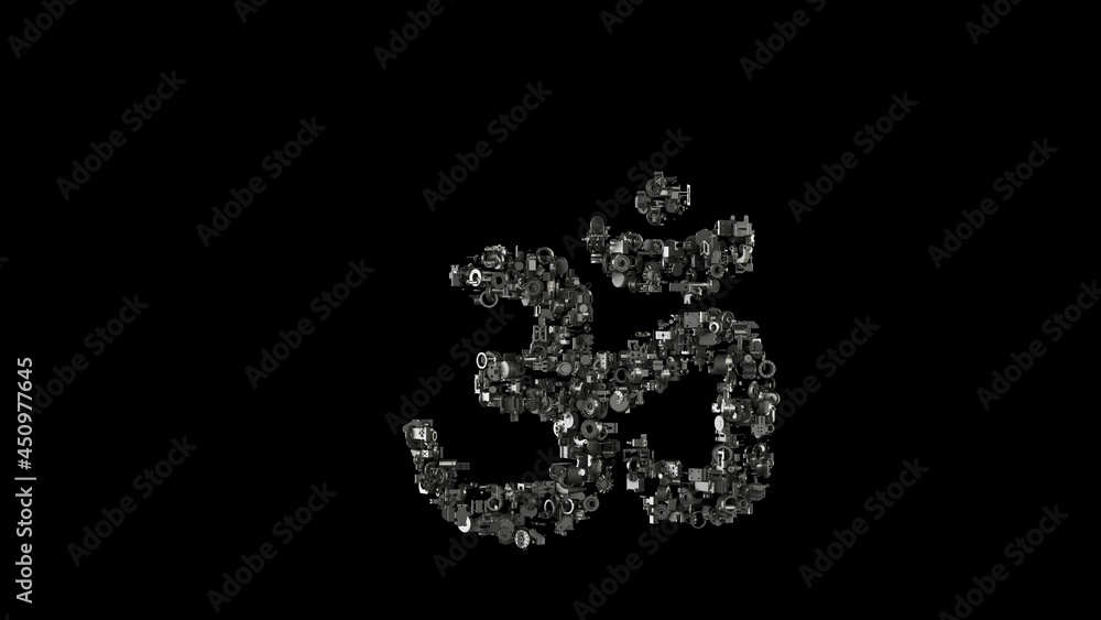 Poster 3d rendering mechanical parts in shape of symbol of om isolated on black background