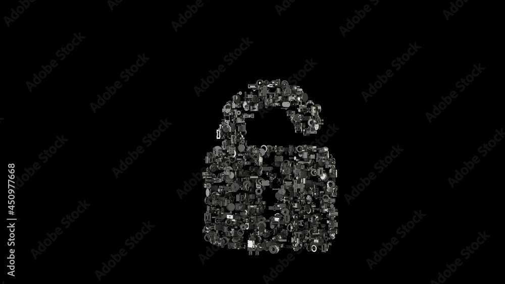Poster 3d rendering mechanical parts in shape of symbol of padlock isolated on black background
