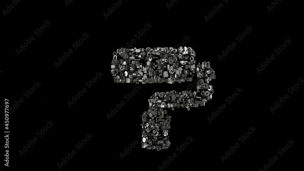 Poster 3d rendering mechanical parts in shape of symbol of paint roller isolated on black background