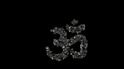 3d rendering mechanical parts in shape of symbol of om isolated on black background