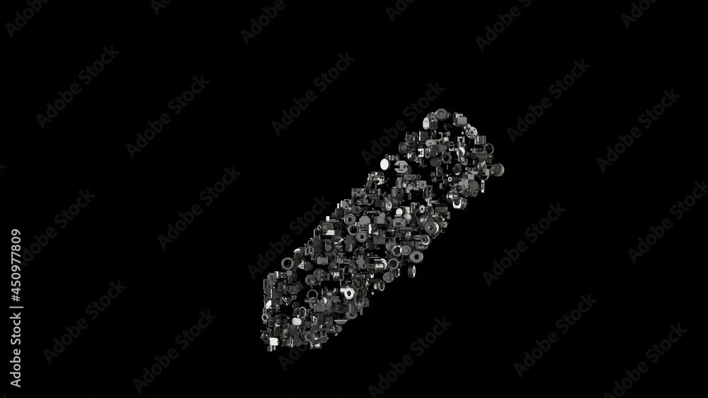 Poster 3d rendering mechanical parts in shape of symbol of pen isolated on black background