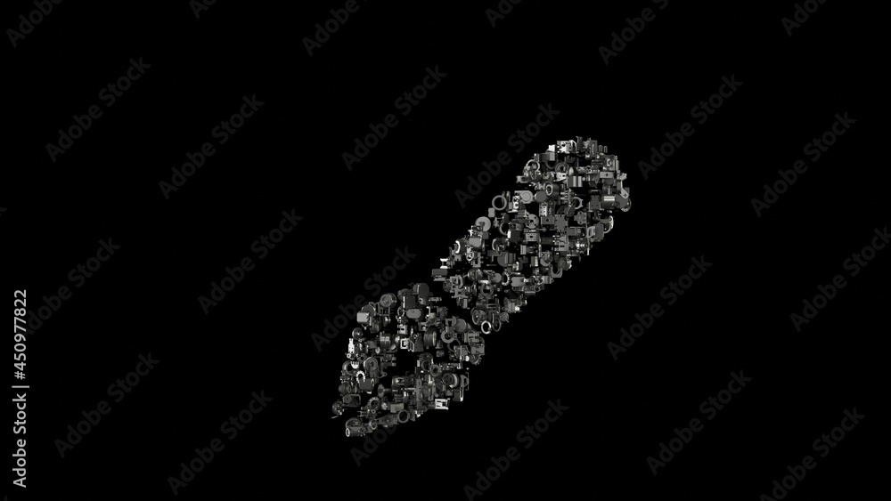 Poster 3d rendering mechanical parts in shape of symbol of pen fancy isolated on black background
