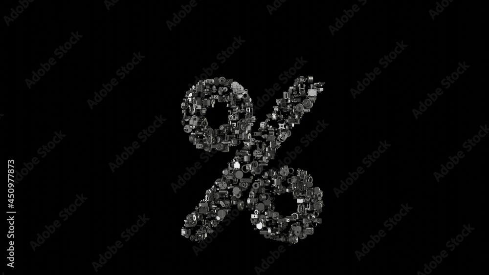 Poster 3d rendering mechanical parts in shape of symbol of percent isolated on black background