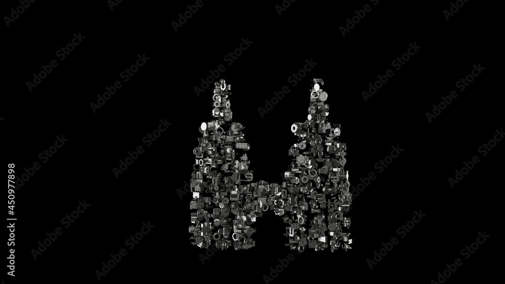 Poster 3d rendering mechanical parts in shape of symbol of petronas twin tower isolated on black background