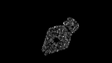 3d rendering mechanical parts in shape of symbol of pen nib isolated on black background