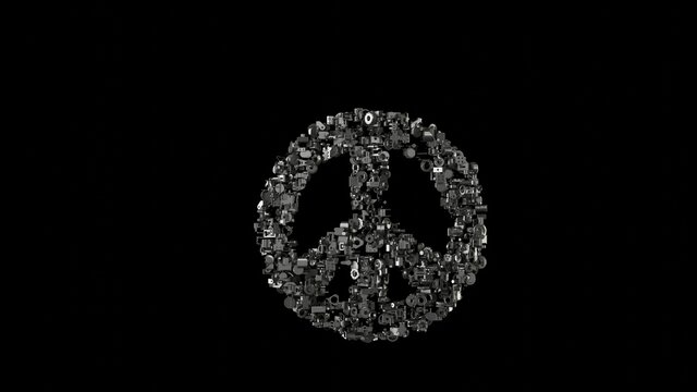 3d rendering mechanical parts in shape of symbol of peace isolated on black background