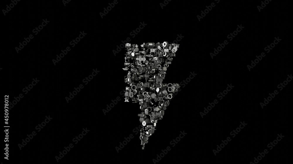Poster 3d rendering mechanical parts in shape of symbol of photo isolated on black background