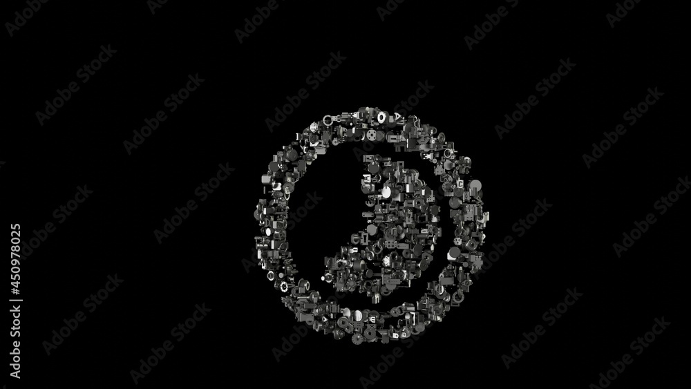 Poster 3d rendering mechanical parts in shape of symbol of photo isolated on black background