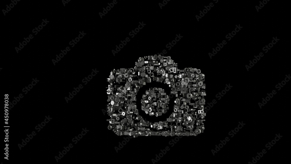 Poster 3d rendering mechanical parts in shape of symbol of photo camera isolated on black background
