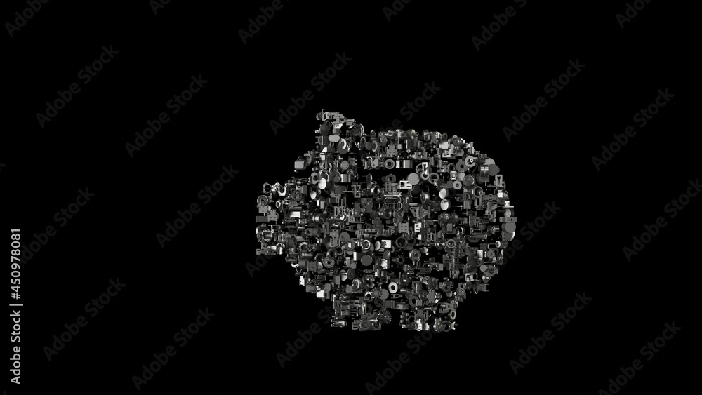 Poster 3d rendering mechanical parts in shape of symbol of piggy bank isolated on black background
