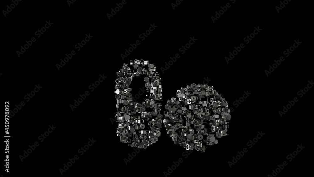 Poster 3d rendering mechanical parts in shape of symbol of pills isolated on black background