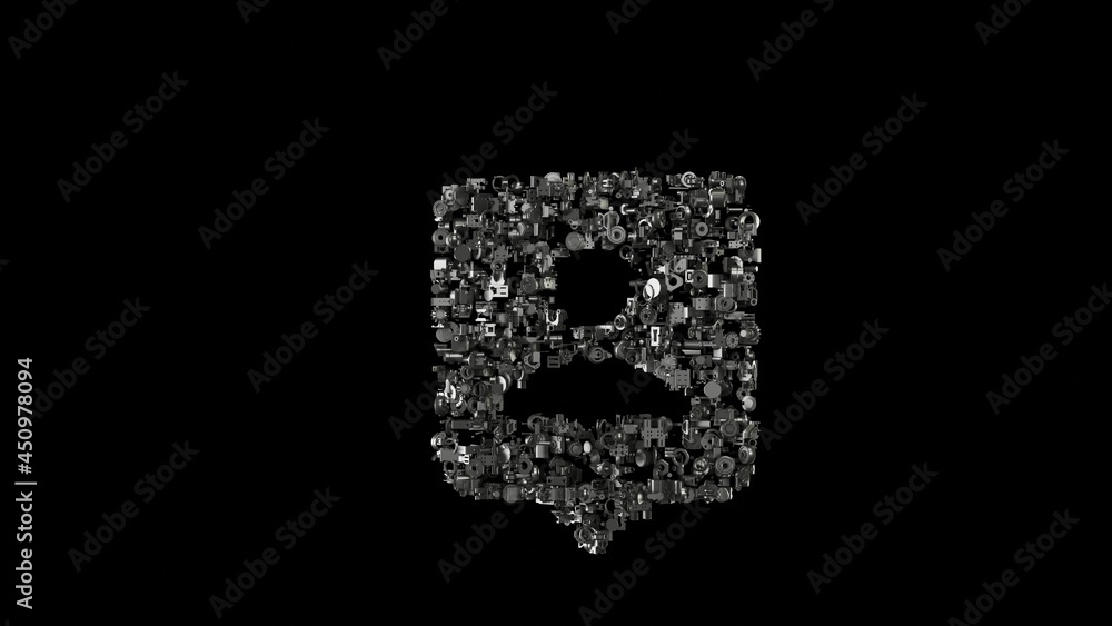Poster 3d rendering mechanical parts in shape of symbol of pin isolated on black background