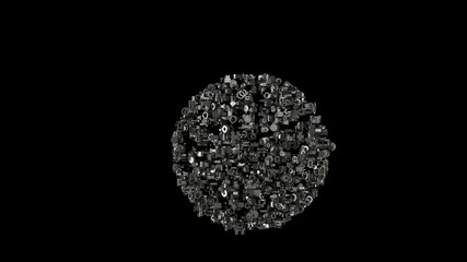 3d rendering mechanical parts in shape of symbol of pie chart isolated on black background