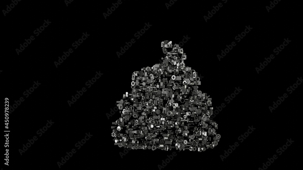 Poster 3d rendering mechanical parts in shape of symbol of poop isolated on black background