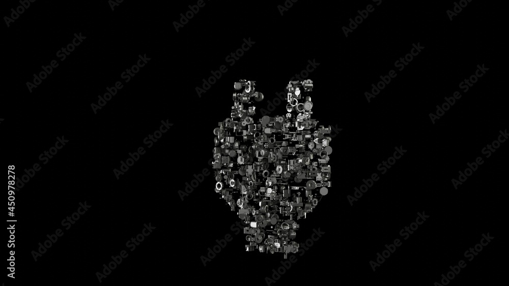 Poster 3d rendering mechanical parts in shape of symbol of power isolated on black background