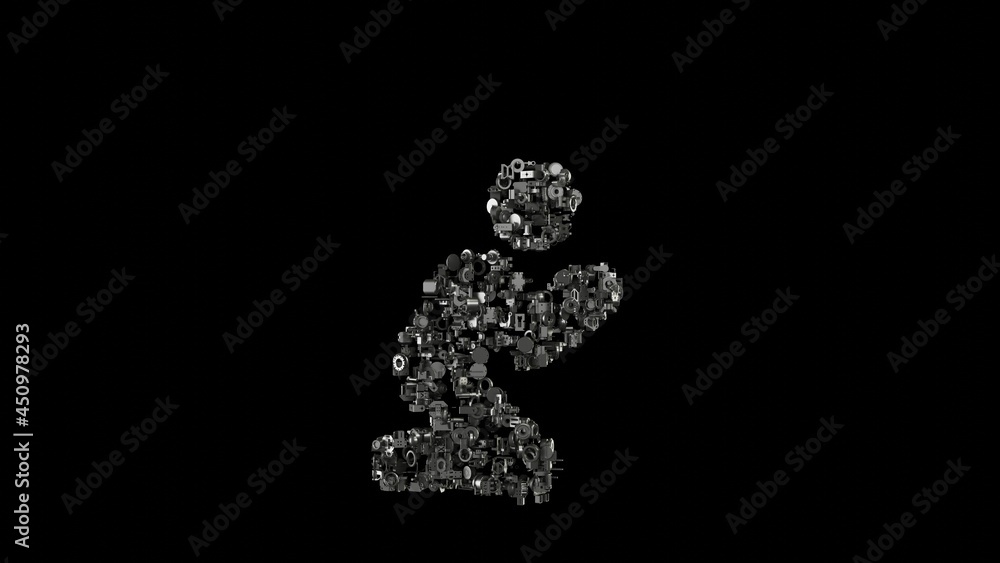 Poster 3d rendering mechanical parts in shape of symbol of pray isolated on black background