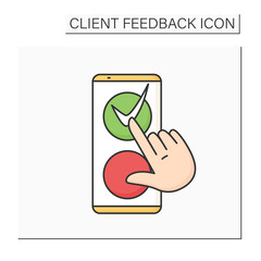 Mobile marketing survey color icon. Hand and smartphone. Digital technology in promotion, feedback collection and positive product experience concept. Isolated vector illustration