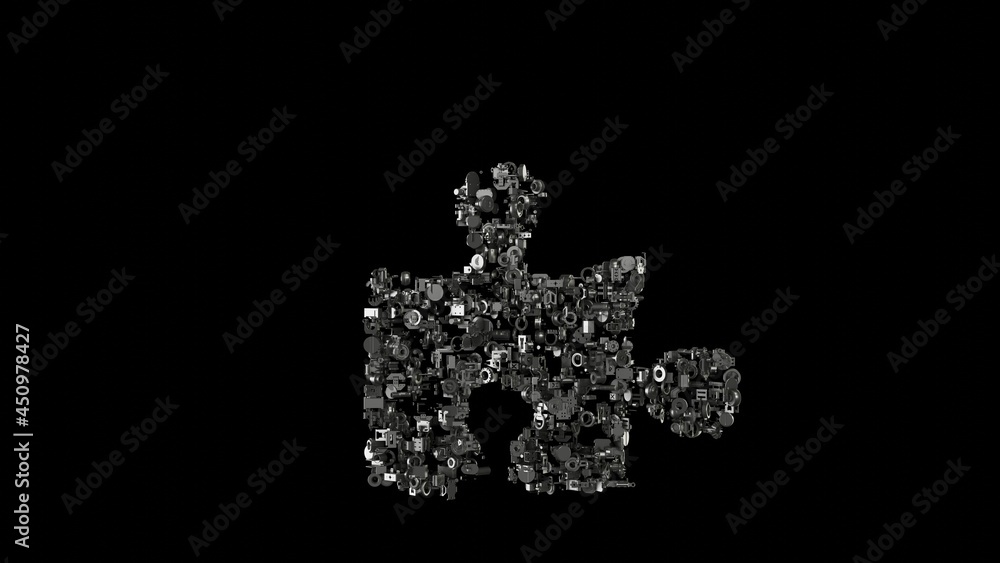 Poster 3d rendering mechanical parts in shape of symbol of puzzle piece isolated on black background