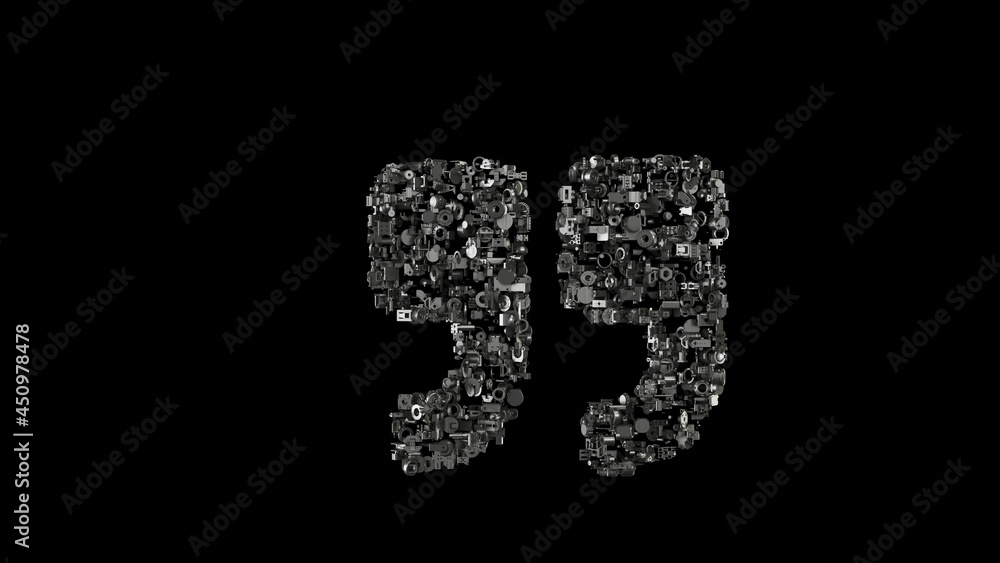 Poster 3d rendering mechanical parts in shape of symbol of quote right isolated on black background