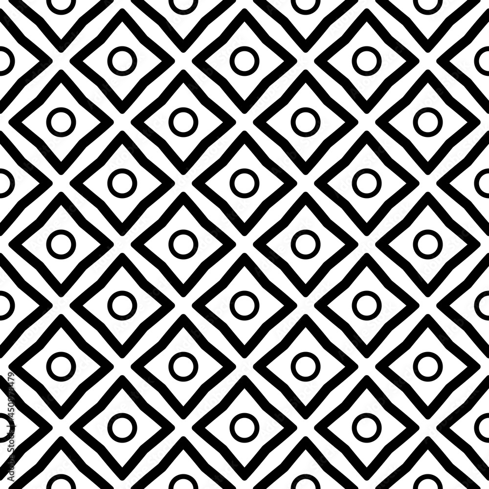 Poster rhombs and circle inside. vector seamless black circles pattern.