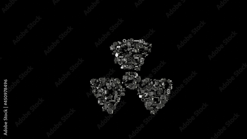 Poster 3d rendering mechanical parts in shape of symbol of radiation isolated on black background