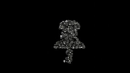 3d rendering mechanical parts in shape of symbol of push pin isolated on black background