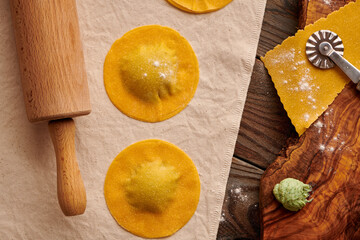 Raw homemade ravioli pasta with spinach and ricotta