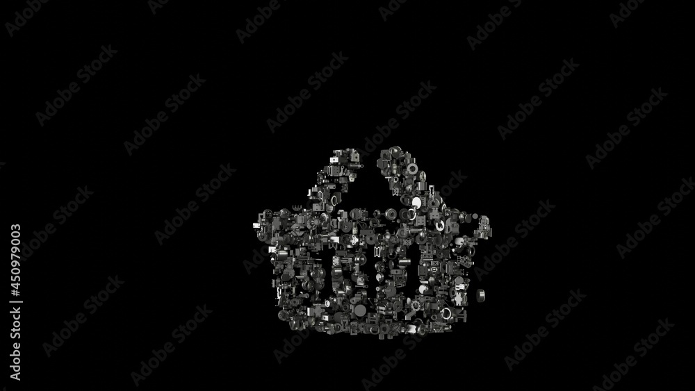Poster 3d rendering mechanical parts in shape of symbol of shopping basket isolated on black background