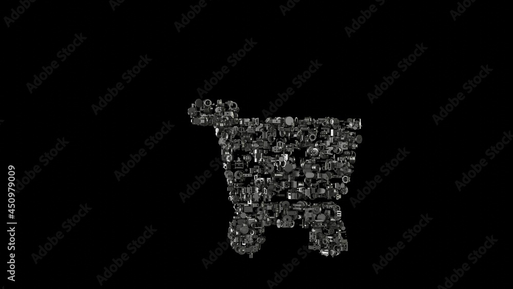Poster 3d rendering mechanical parts in shape of symbol of shopping cart isolated on black background