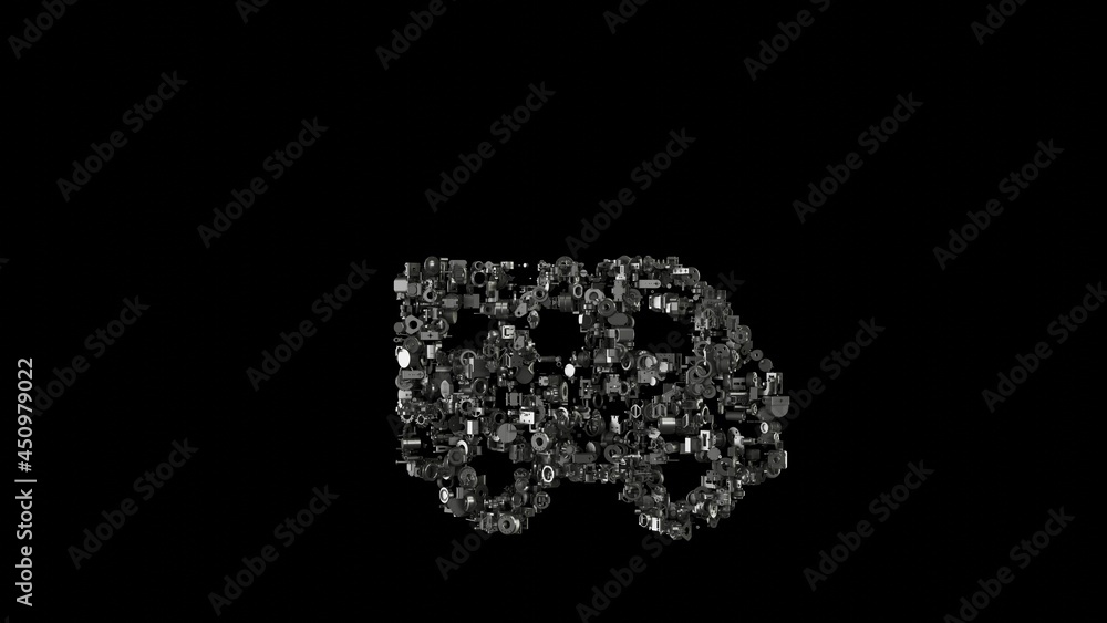 Poster 3d rendering mechanical parts in shape of symbol of shuttle van isolated on black background